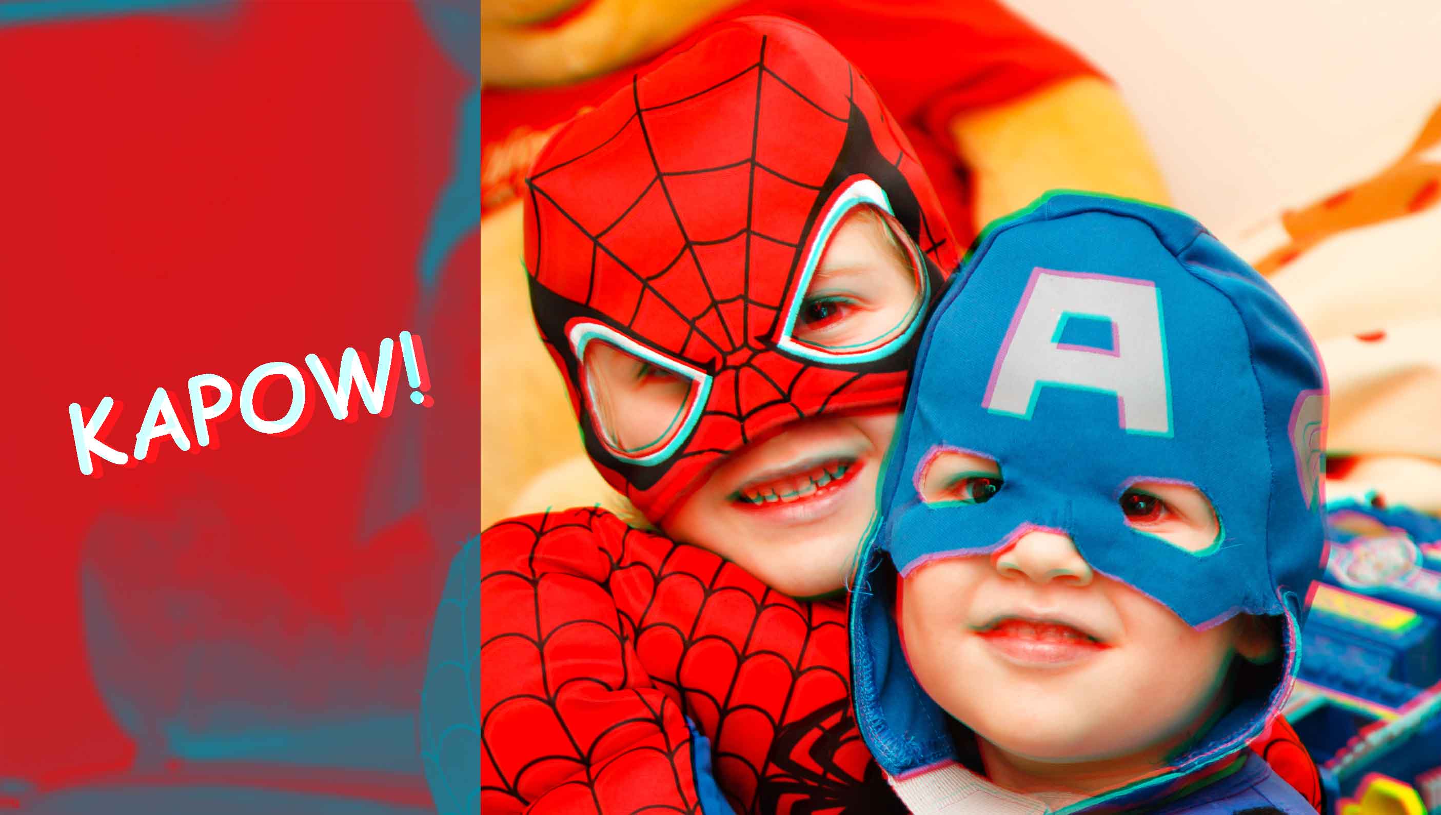 Photoshop anaglyph effect cyan magenta enhancement boys superhero costumes 